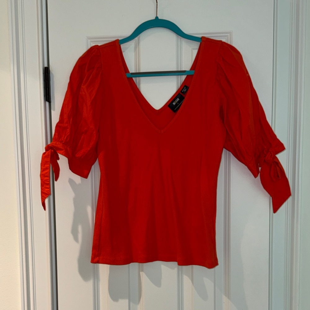 Maeve Bright Red V-Neck Tie-Sleeve Top